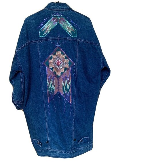 Vintage 80s Medium Acid Wash Denim Belma Button Trench Coat Jean Jacket‎ Duster - Picture 6 of 9